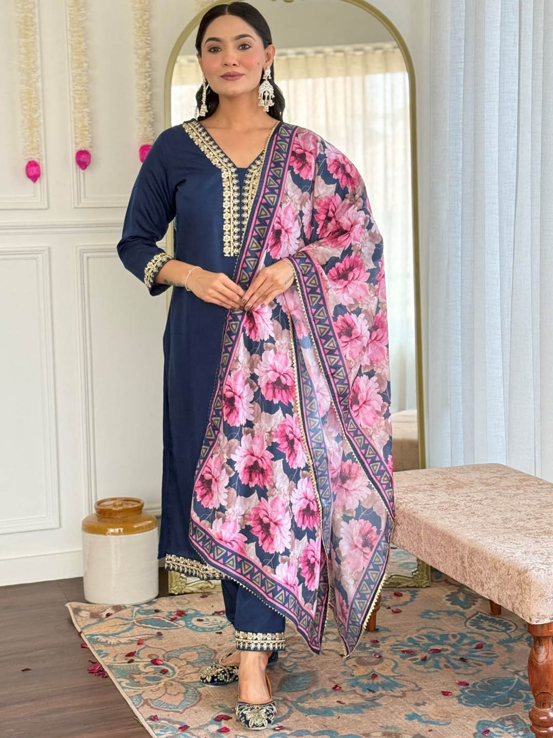

NKV Floral Embroidered Sequinned V-Neck Straight Kurta With Trouser And Dupatta, Navy blue