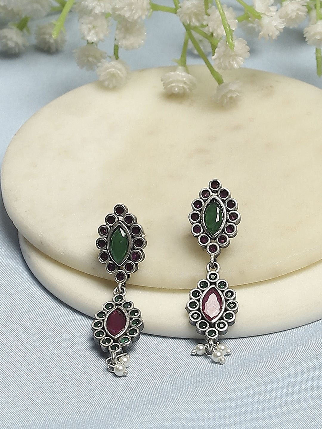 

Biba Silver-Plated Artificial Stones Studded And Beaded Contemporary Shaped Jhumkas
