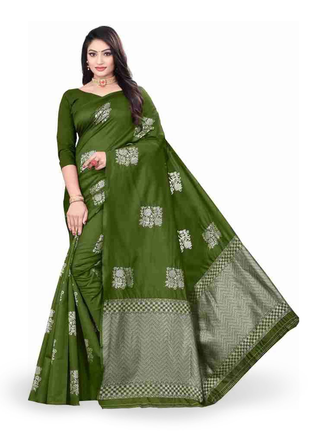 

Aika Woven Design Zari Pure Silk Banarasi Saree, Green