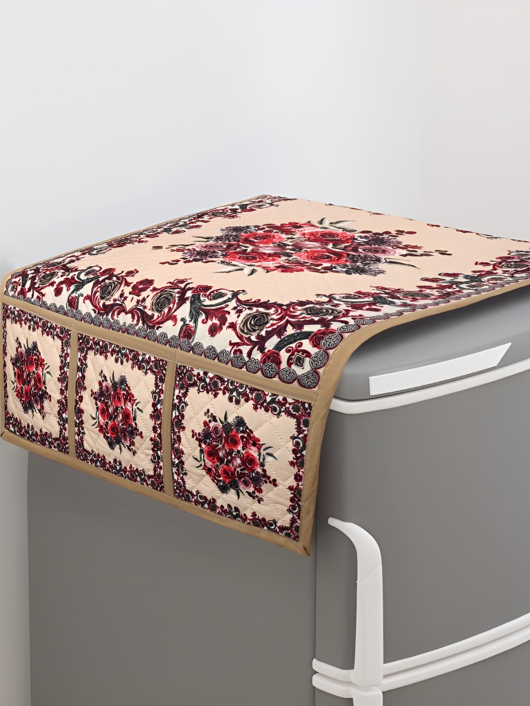 

Dakshya Industries Beige & Maroon Floral Printed Refrigerator Cover