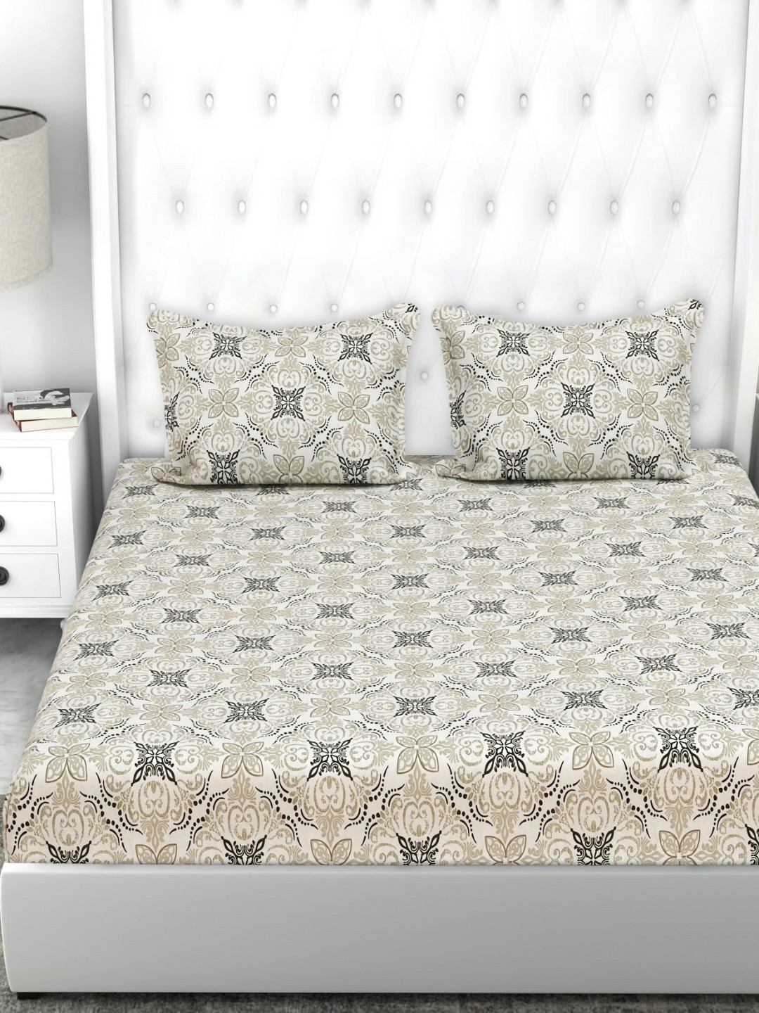 

bsb home Valancia White Floral Printed Microfiber 210 TC Queen Bedsheet Set 2.28 x 2.28 m, Off white