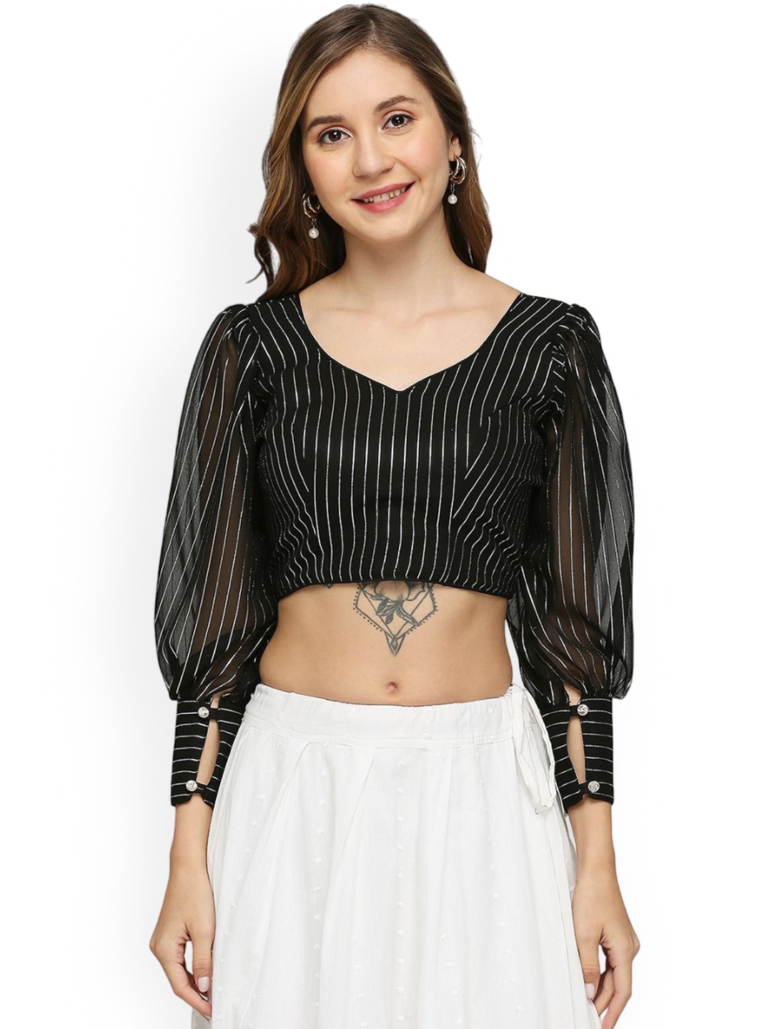 

freelax Printed Full Sleeves Sweetheart Neck Saree Blouse, Black