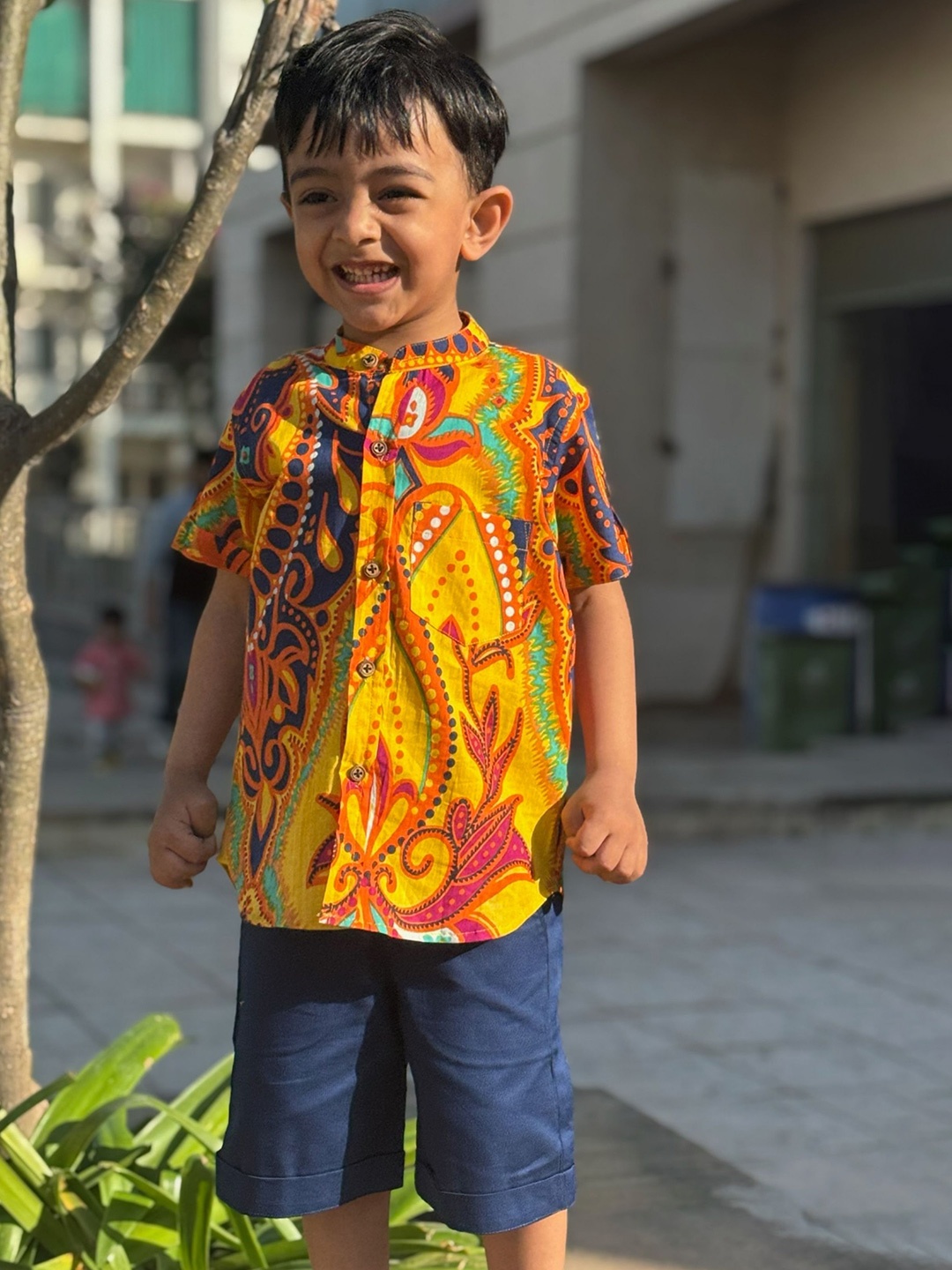 

Peekaaboo Boys Printed Pure Cotton Shirt With Shorts, Yellow