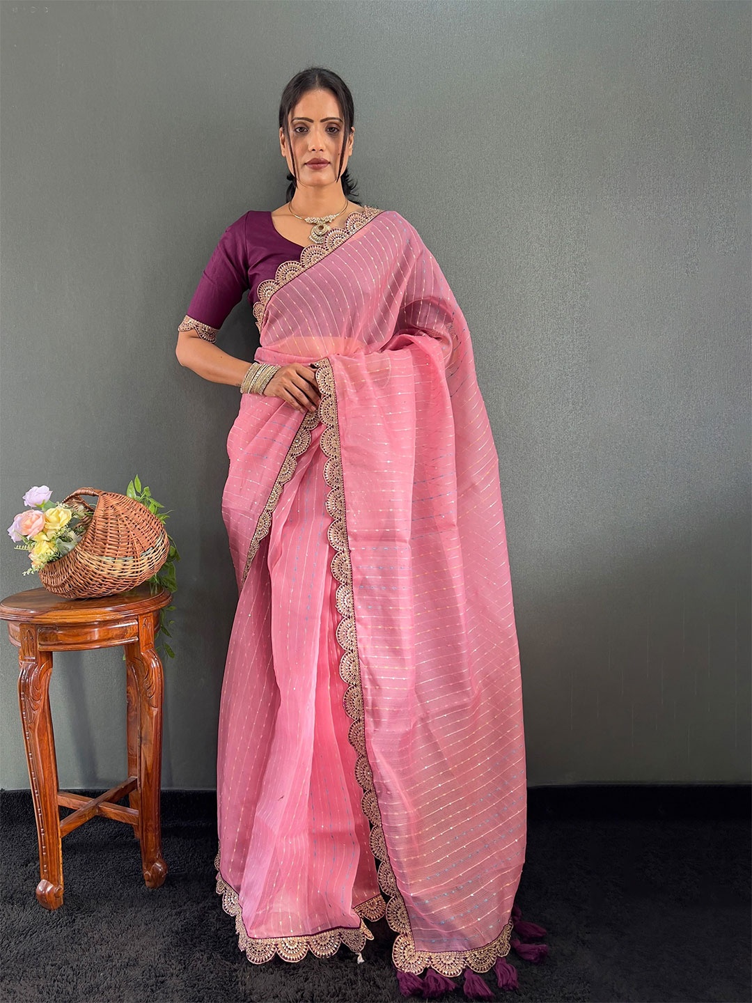 

Anouk Striped Sequinned Saree, Peach
