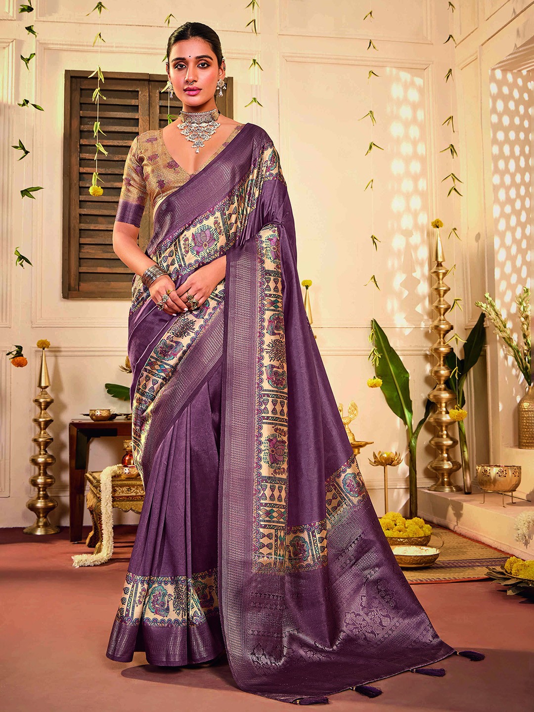 

Sangria Tussar Printed Saree With Blouse Piece, Purple