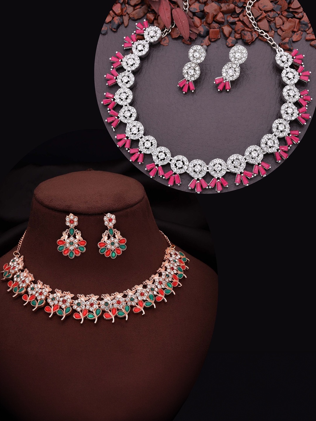 

DIVASTRI Pahal Set Of 2 Silver-Plated & Rose Gold-Plated AD Studded Jewellery Set