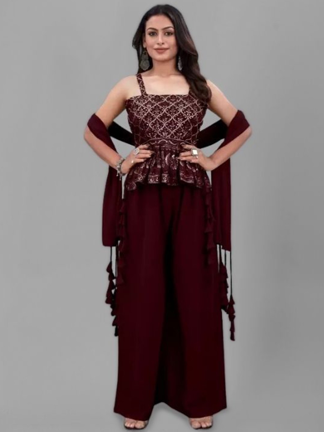 

PARROT CREATION Floral Embroidered Sequinned Kurti With Sharara And Dupatta, Maroon