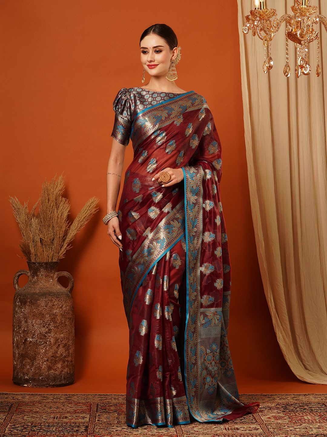 

SILKWEAR Ethnic Motifs Zari Organza Banarasi Saree, Maroon