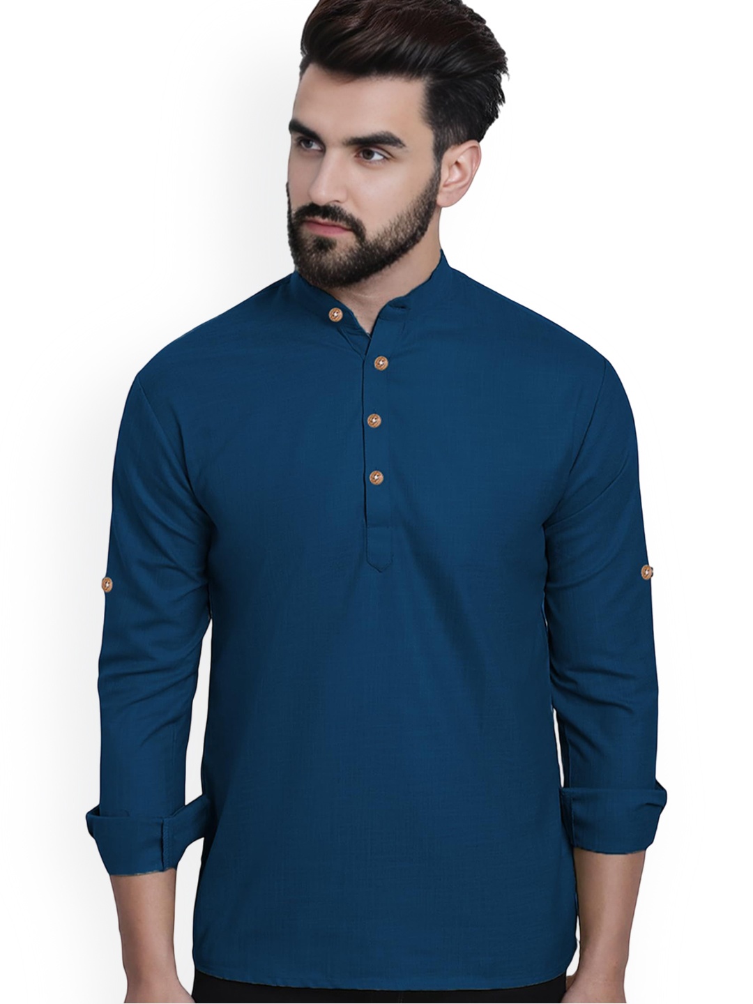

Vida Loca Cotton Slim Fit Mandarin Collar Short Kurta, Blue
