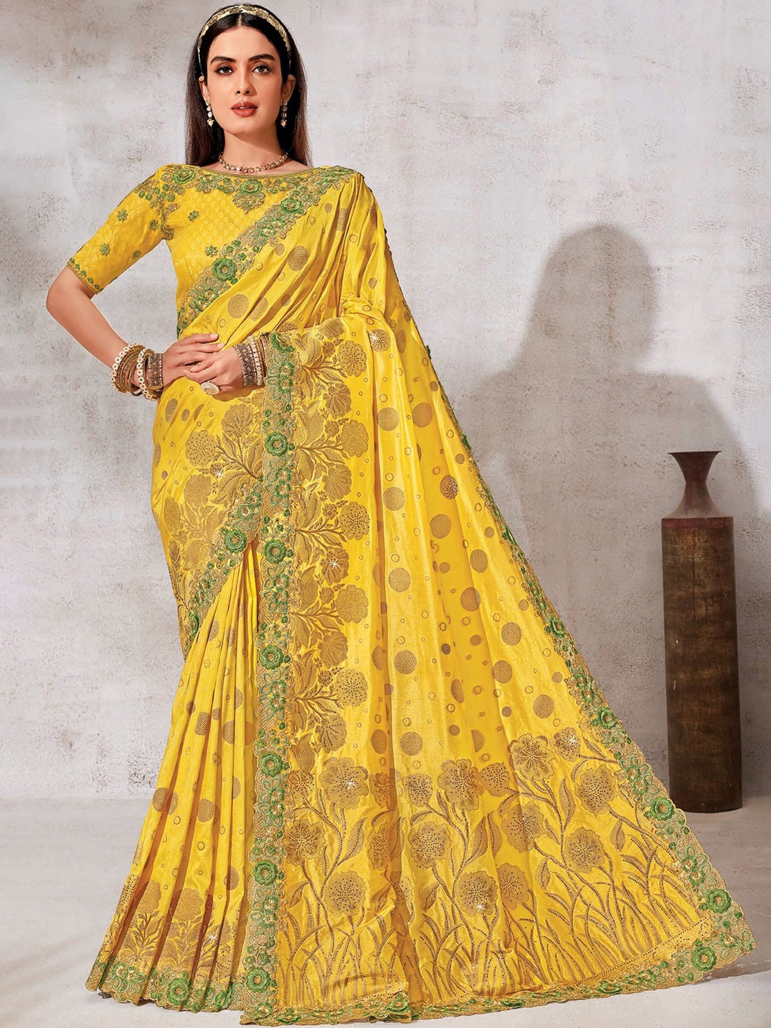 

MAHALASA Floral Embroidered Pure Silk Handloom Saree, Yellow