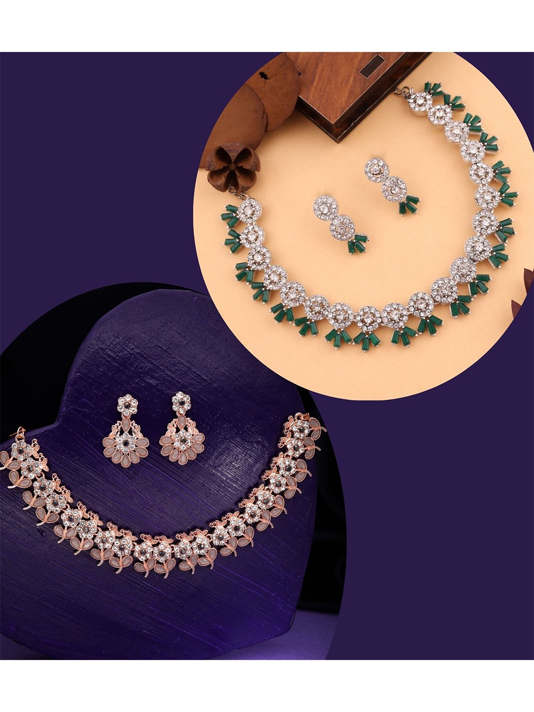 

DIVASTRI Set Of 2 Rose Gold & Silver-Plated American Diamond & Stone Studded Jewellery Set