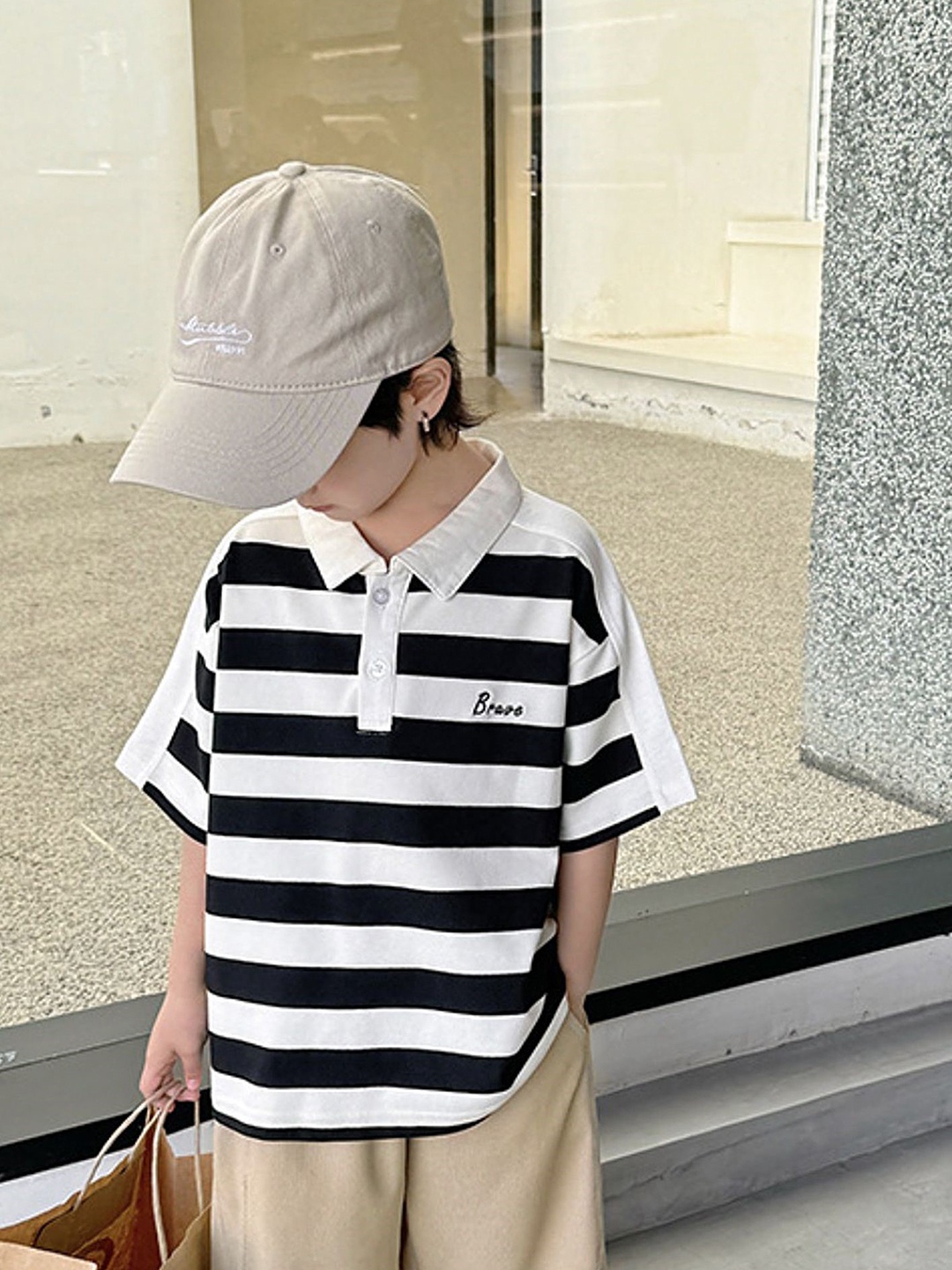 

LULU & SKY Boys Striped Polo Collar Cotton Oversized T-shirt, Black