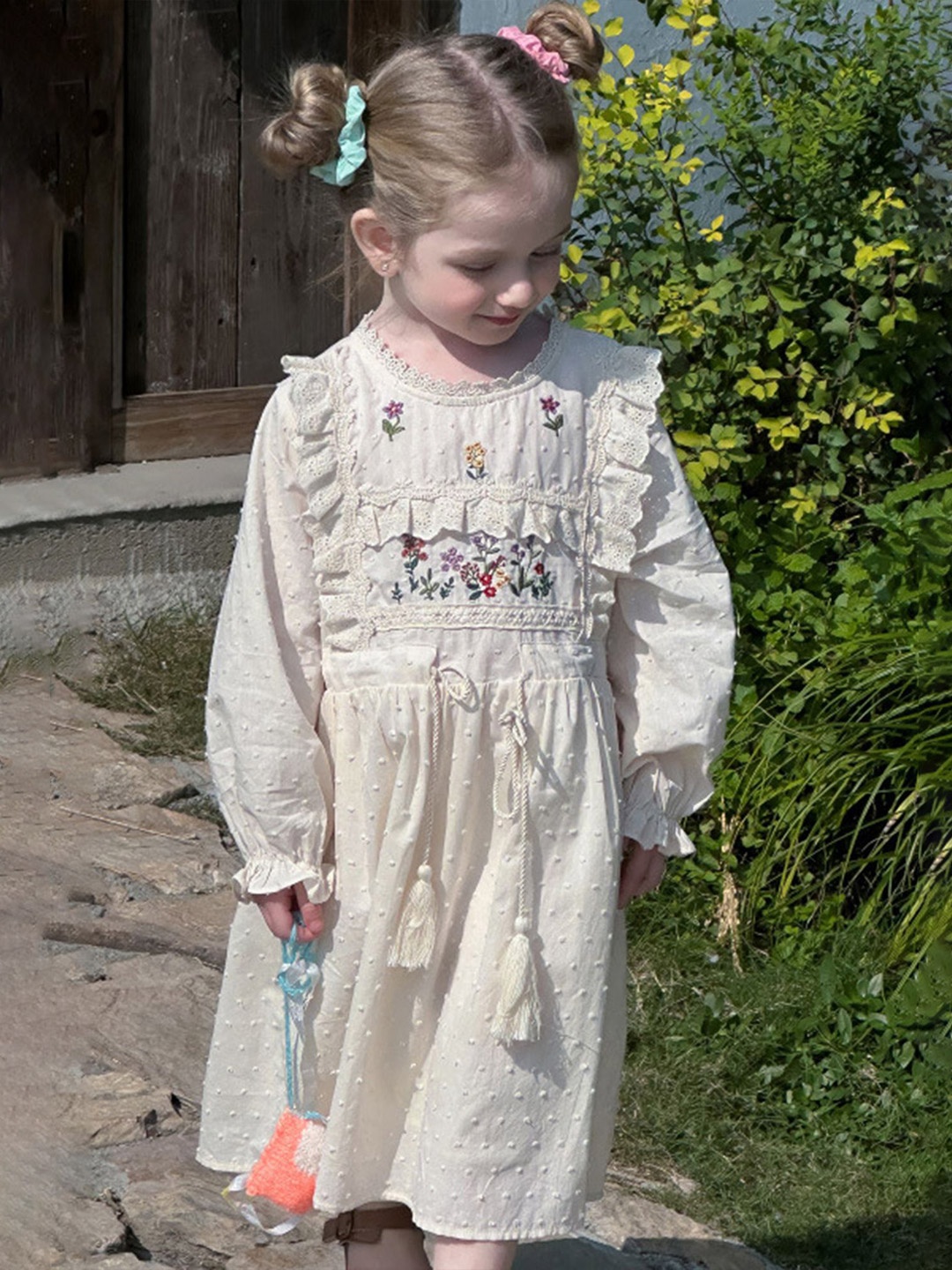 

LULU & SKY Girls Floral Embroidered Puff Sleeve Fit and Flare Dress, Beige