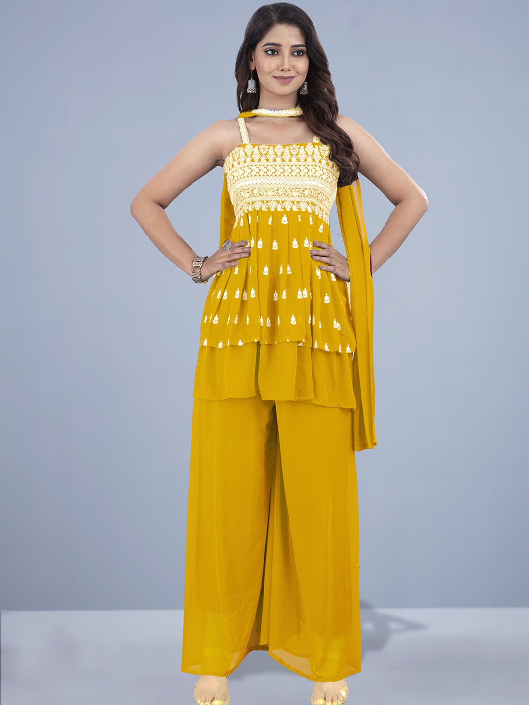 

SANCIA Floral Embroidered Shoulder Straps Georgette Anarkali Kurti With Palazzos & Dupatta, Yellow