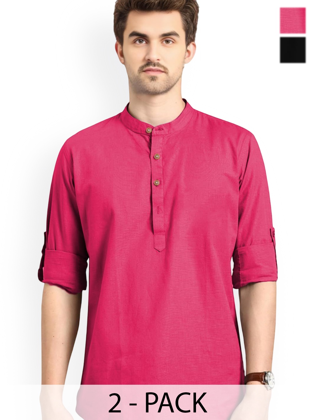 

Vida Loca Selection Of 2 Band Collar Cotton Straight Short Kurtas, Pink