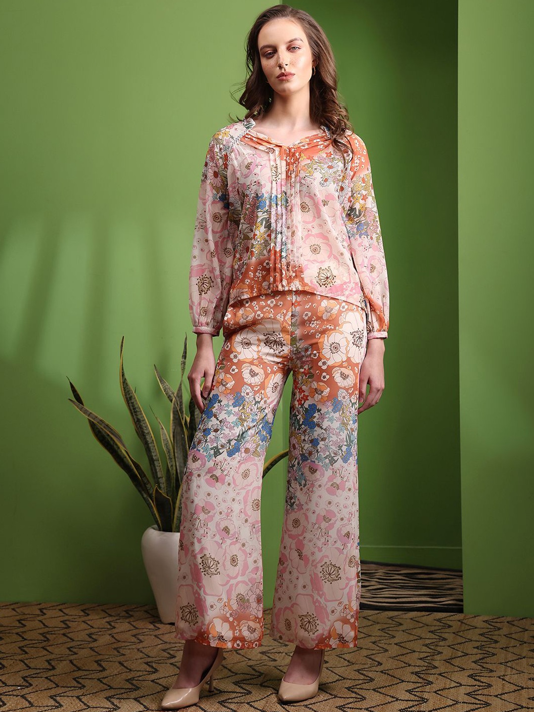 

PURVAJA Syncd Style Floral Printed Mandarin Collar Puff Sleeves Top With Trousers, Beige