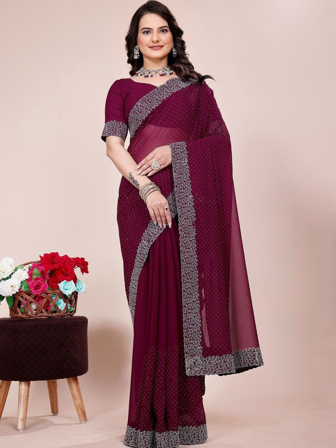 

K 5 Fashion Embellished Beads and Stones Pure Georgette Saree, Purple
