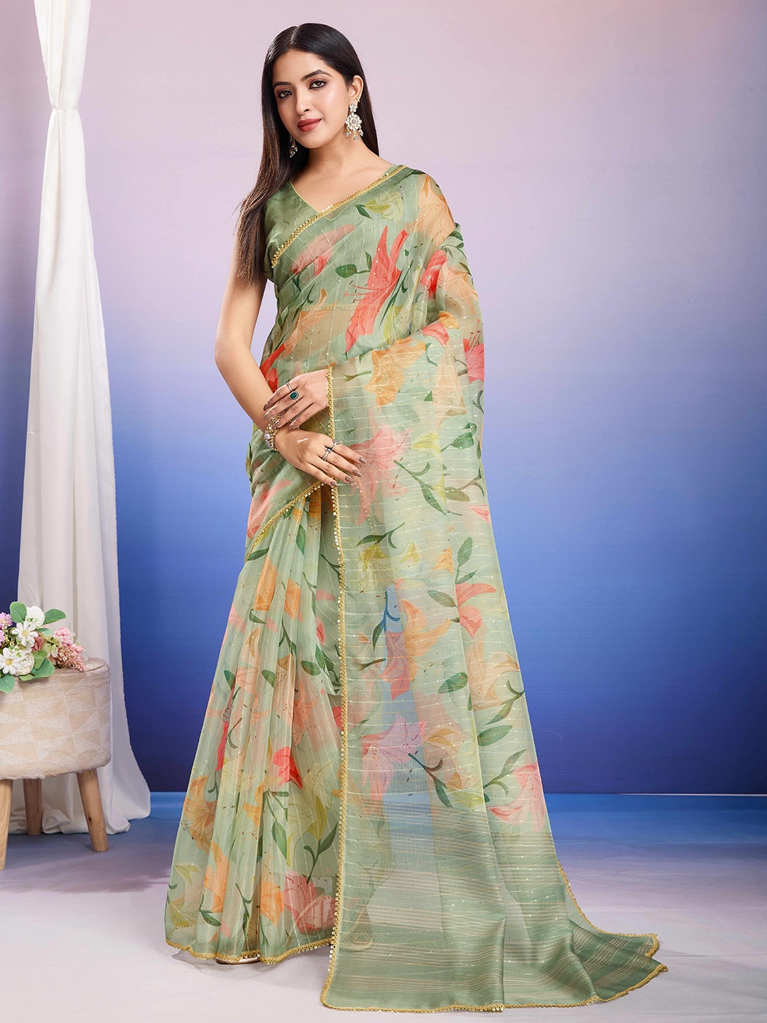 

Mitera Floral Sequinned Organza Designer Saree, Green