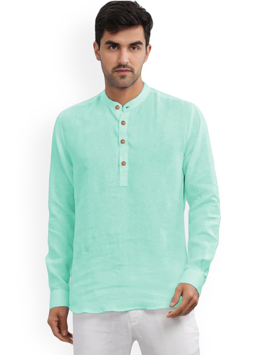 

Vida Loca Band Collar Rolled-Up Sleeves Slim Fit Pure Cotton Short Kurta, Lime green