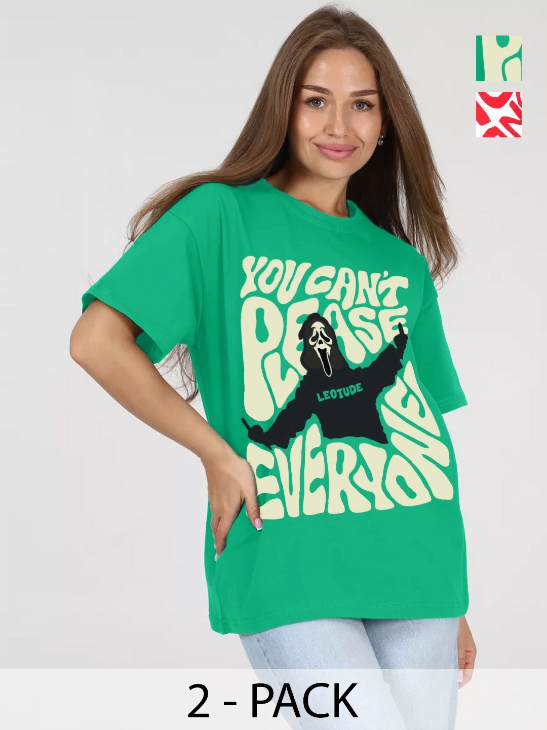 

Leotude Women Pack Of 2 Graphic Printed Round Neck Cotton Oversized T-shirts, Green