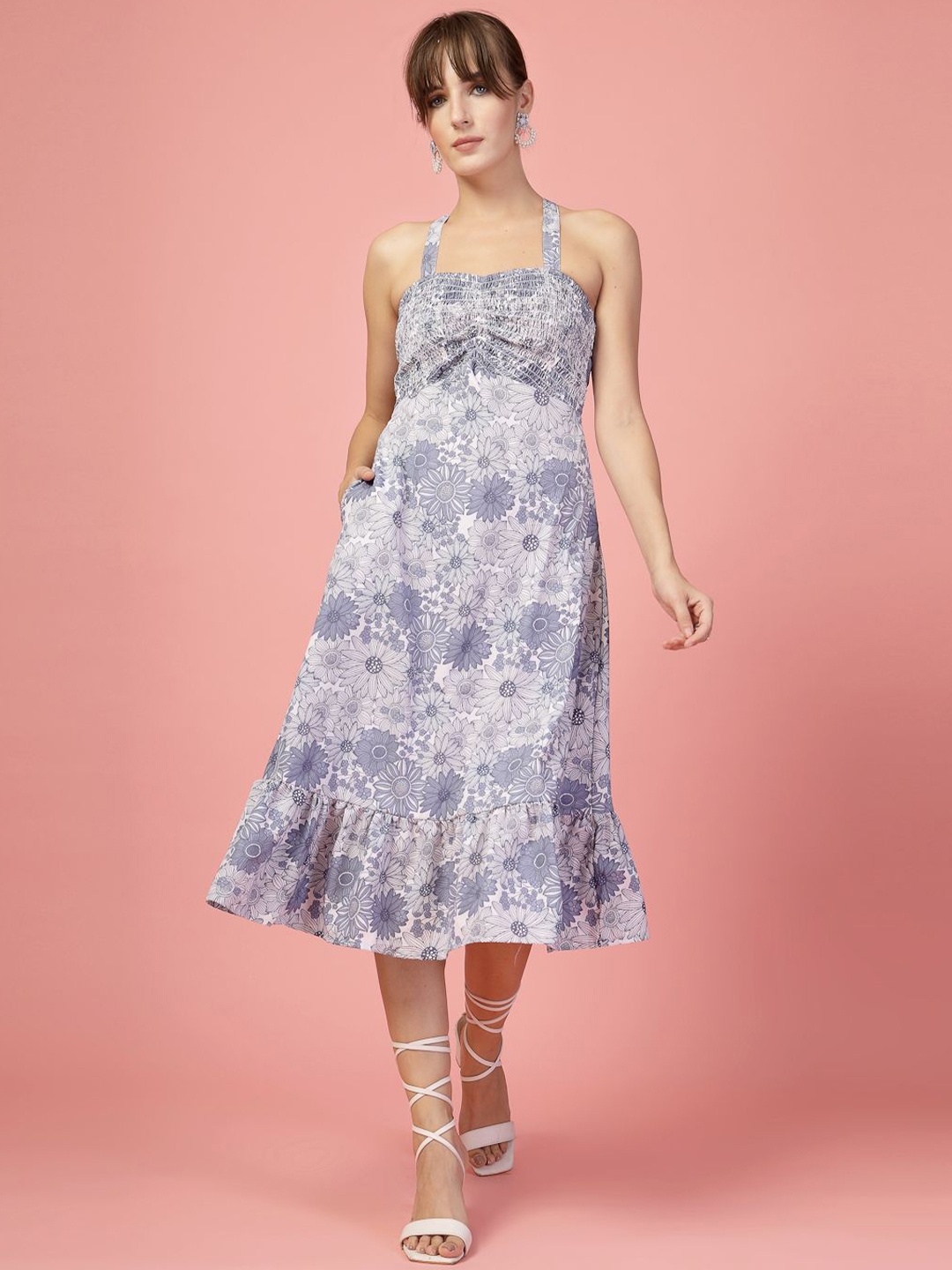 

DressBerry Floral Print Crepe A-Line Midi Dress, Blue