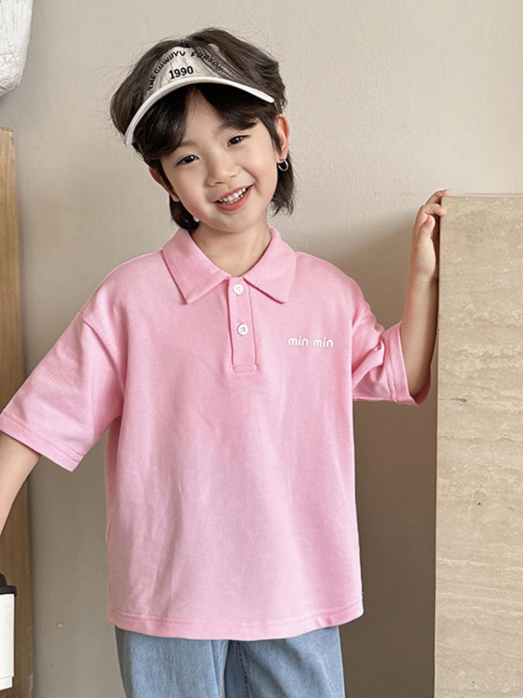 

LULU & SKY Kids Solid Polo Collar Cotton Oversized T-shirt, Pink