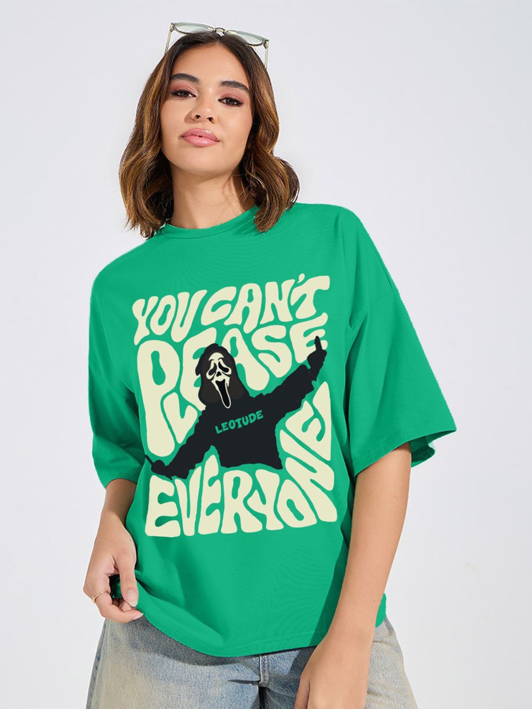

Leotude Women Graphic Printed Round Neck Cotton Oversized T-shirt, Green