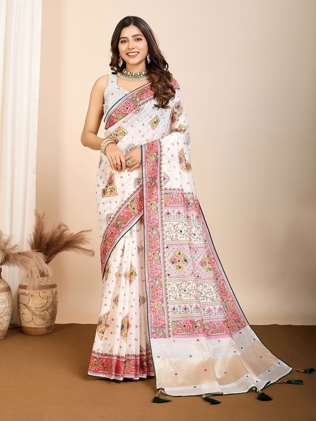 

Mitera Embellished Mirror Work Pure Cotton Patola Saree, White