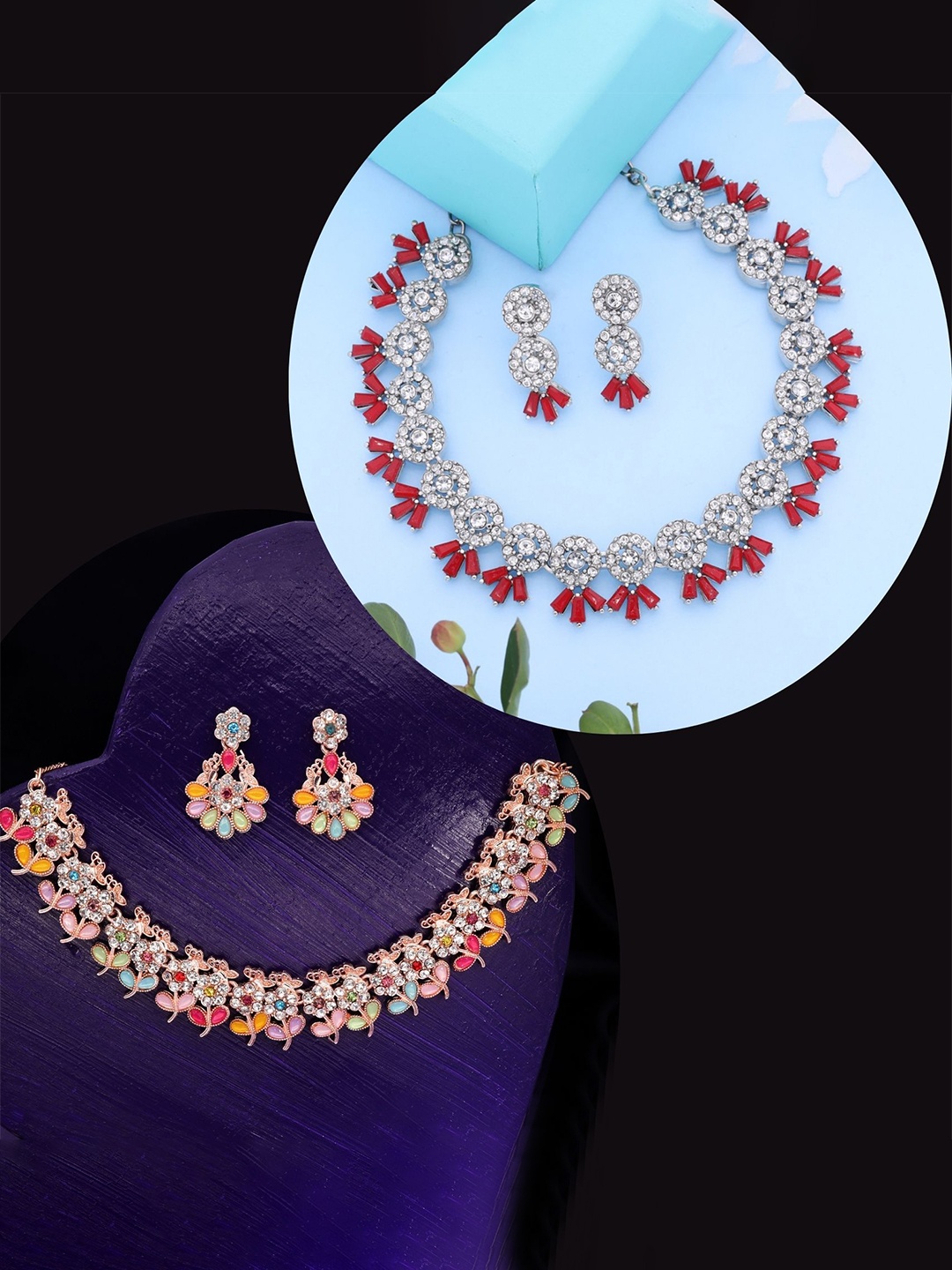 

DIVASTRI Set Of 2 Rose Gold-Plated Artificial Stones-Studded Necklace and Earrings