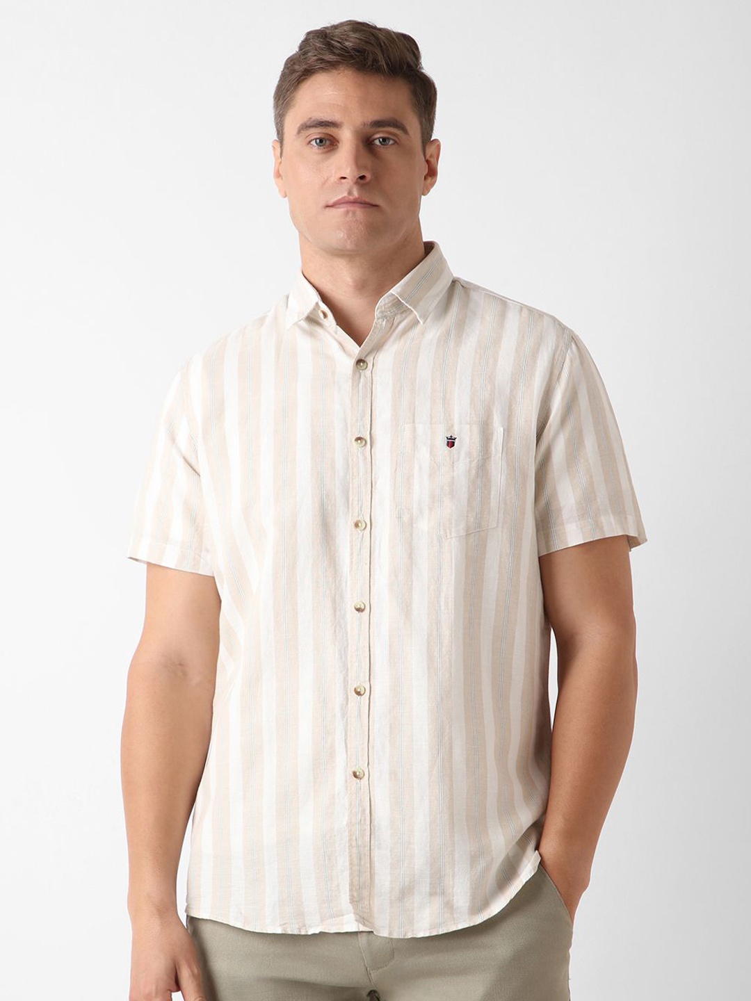 

Louis Philippe Sport Men Slim Fit Opaque Striped Casual Shirt, Beige