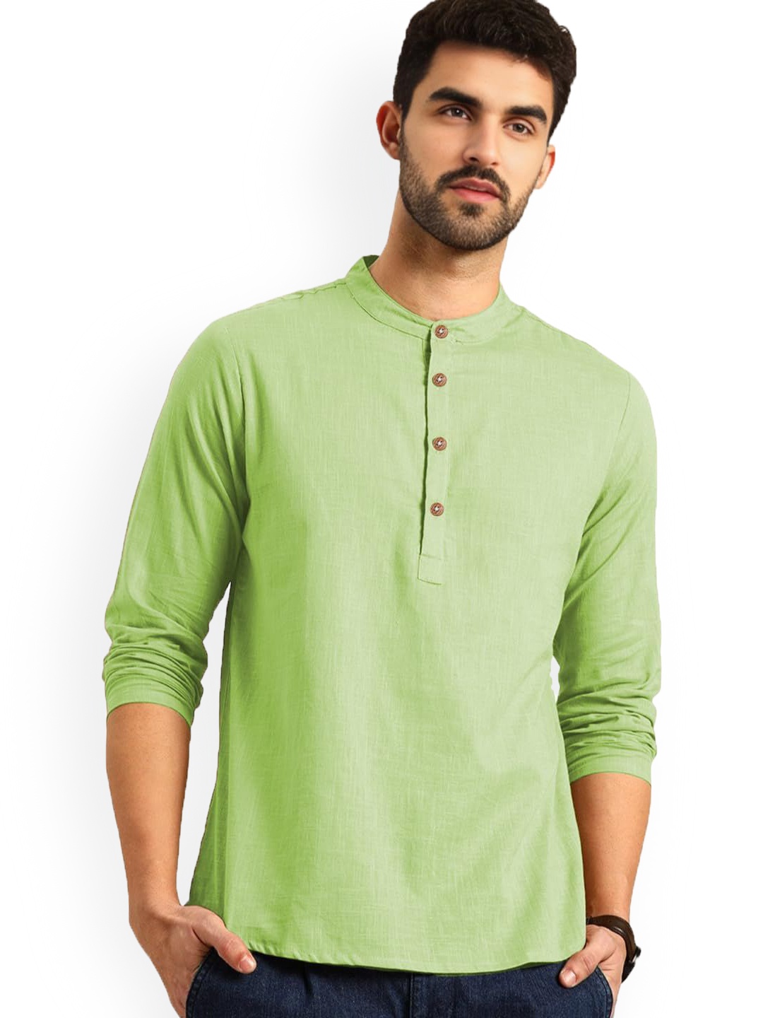 

Vida Loca Band Collar Cotton Slim Fit Straight Short Kurta, Sea green