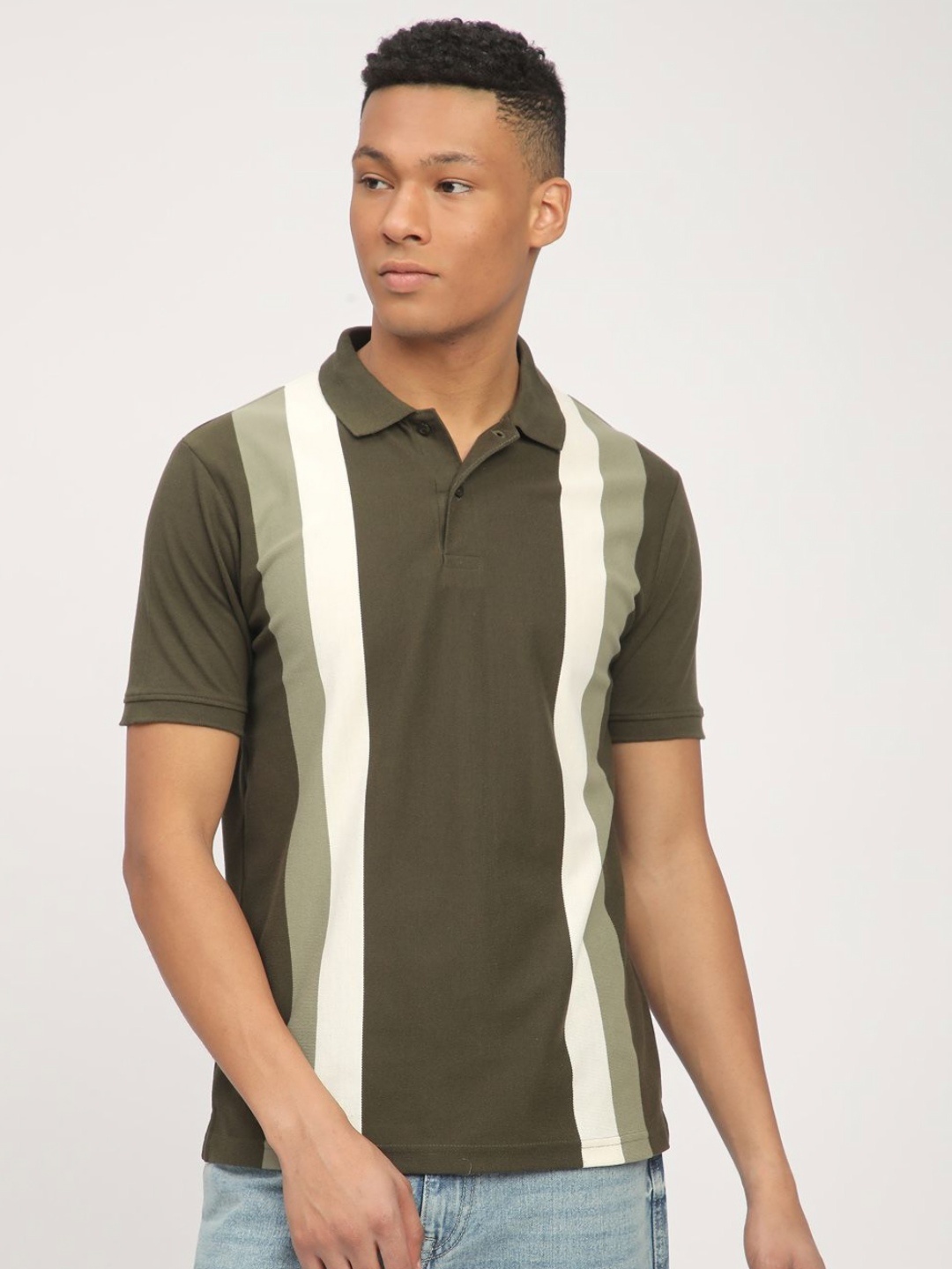 

R&B Men Striped Polo Collar T-shirt, Olive