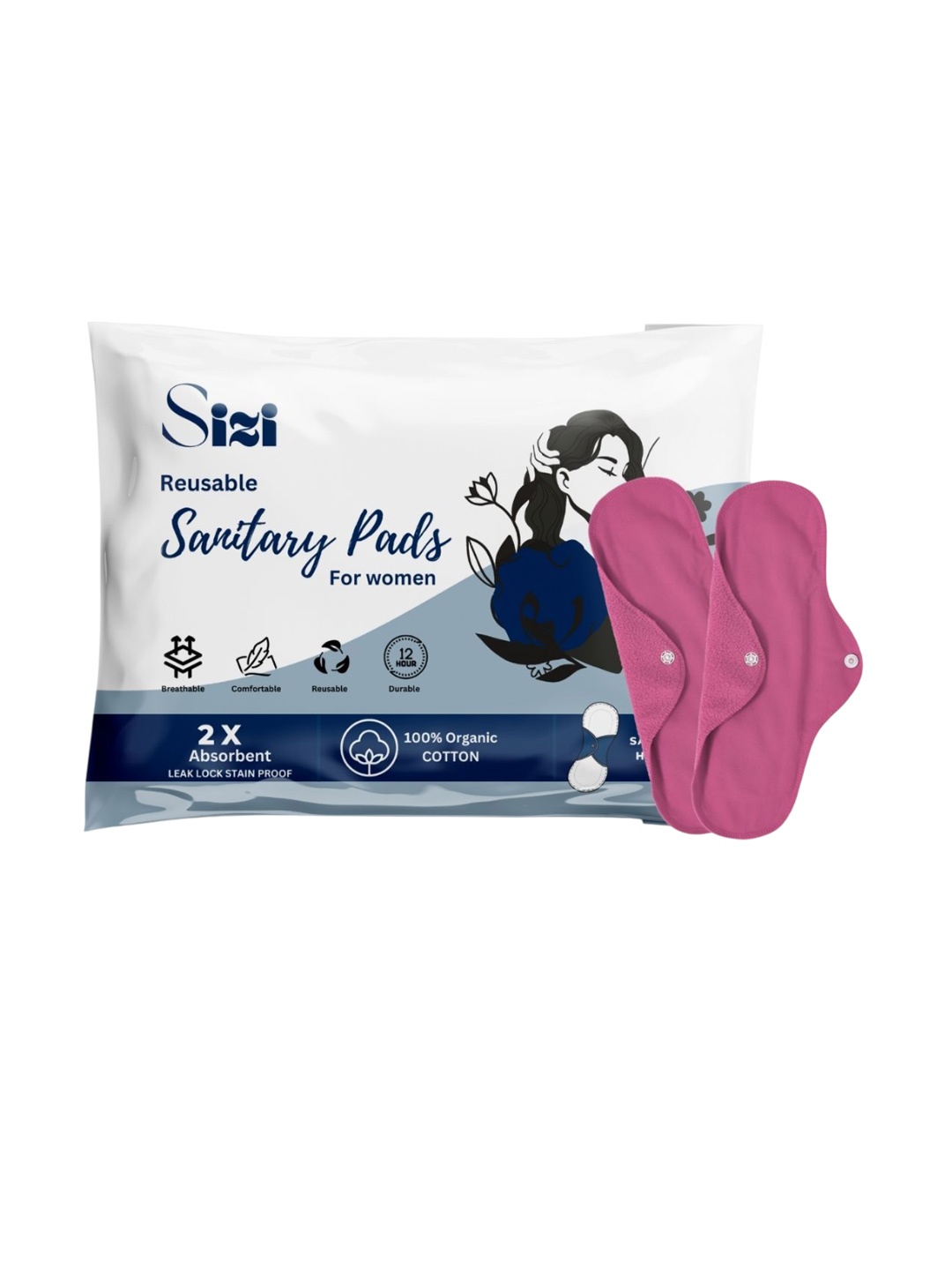 

Sizi Super Absorbent Washable & Reusable Eco-Friendly Sanitary Pads- 2 Pads- XL, Pink