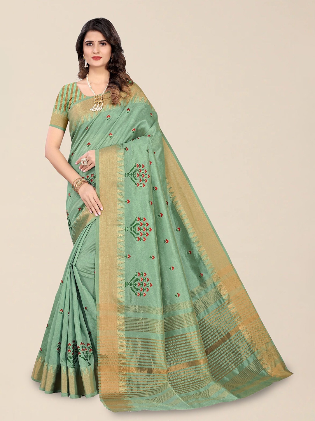 

DIVASTRI Woven Design Embroidered Silk Cotton Banarasi Saree, Green