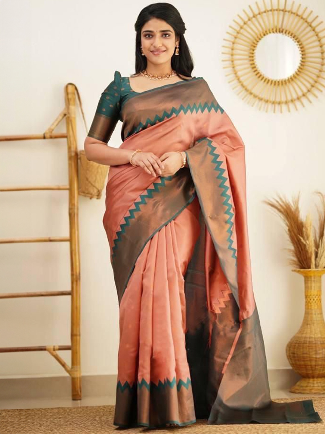 

LADY SHOPI Woven Design Zari Pure Silk Banarasi Saree, Peach