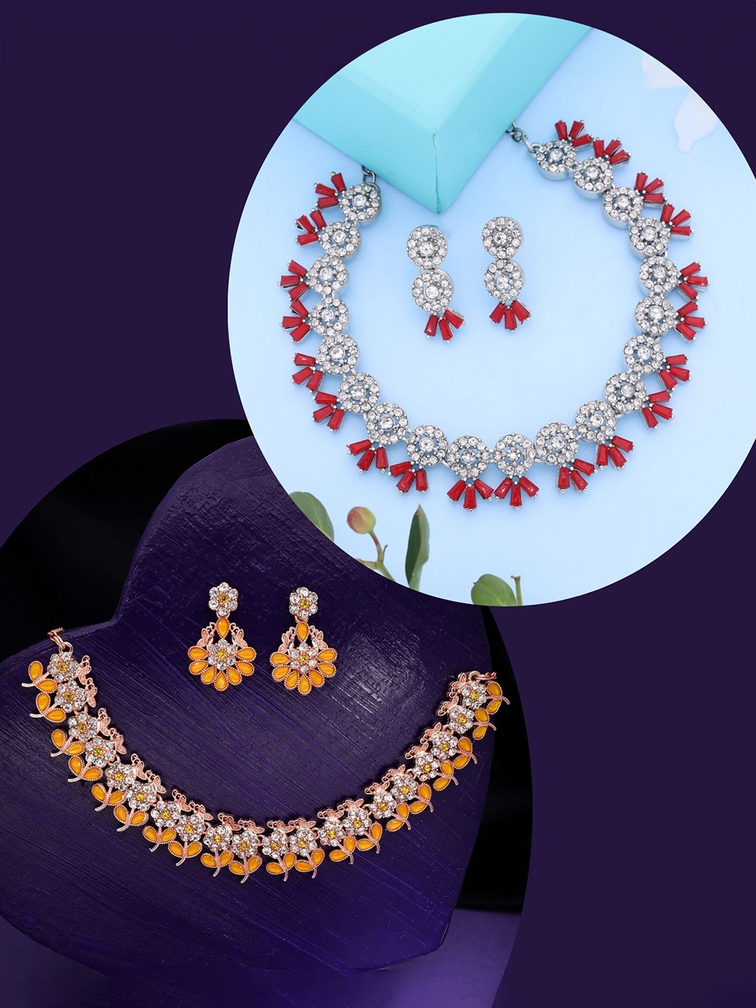 

DIVASTRI Set Of 2 Rose Gold-Plated & Silver-Plated American Diamond Studded Jewellery Set