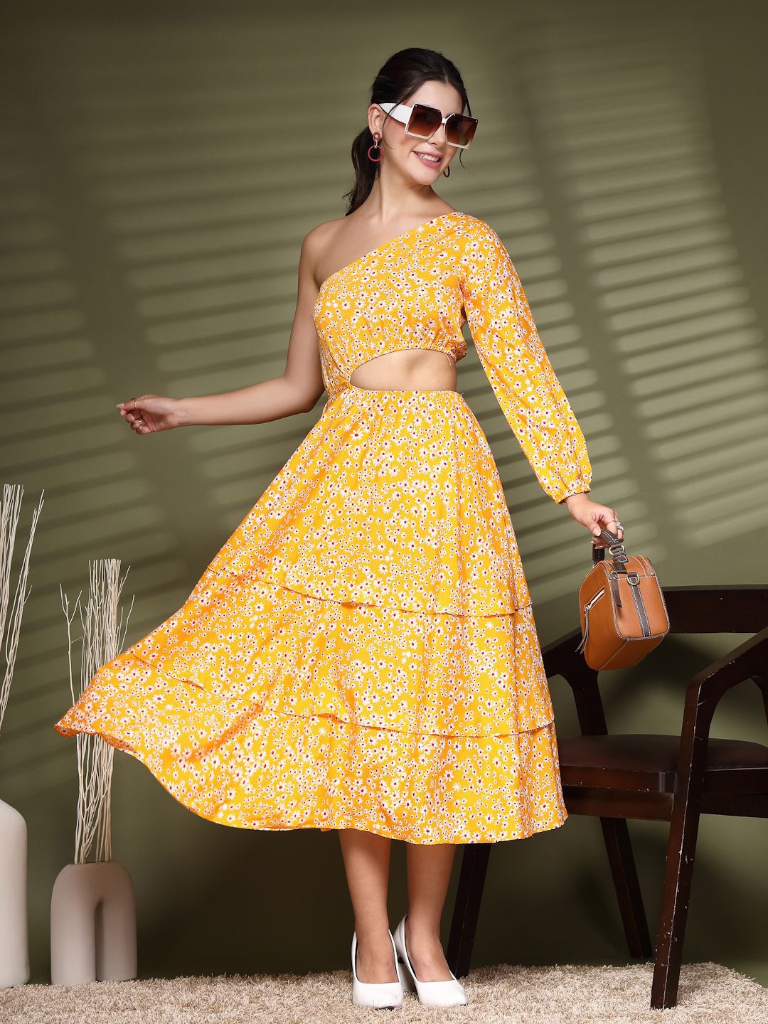 

DressBerry Floral Print Cold-Shoulder Crepe A-Line Midi Dress, Orange