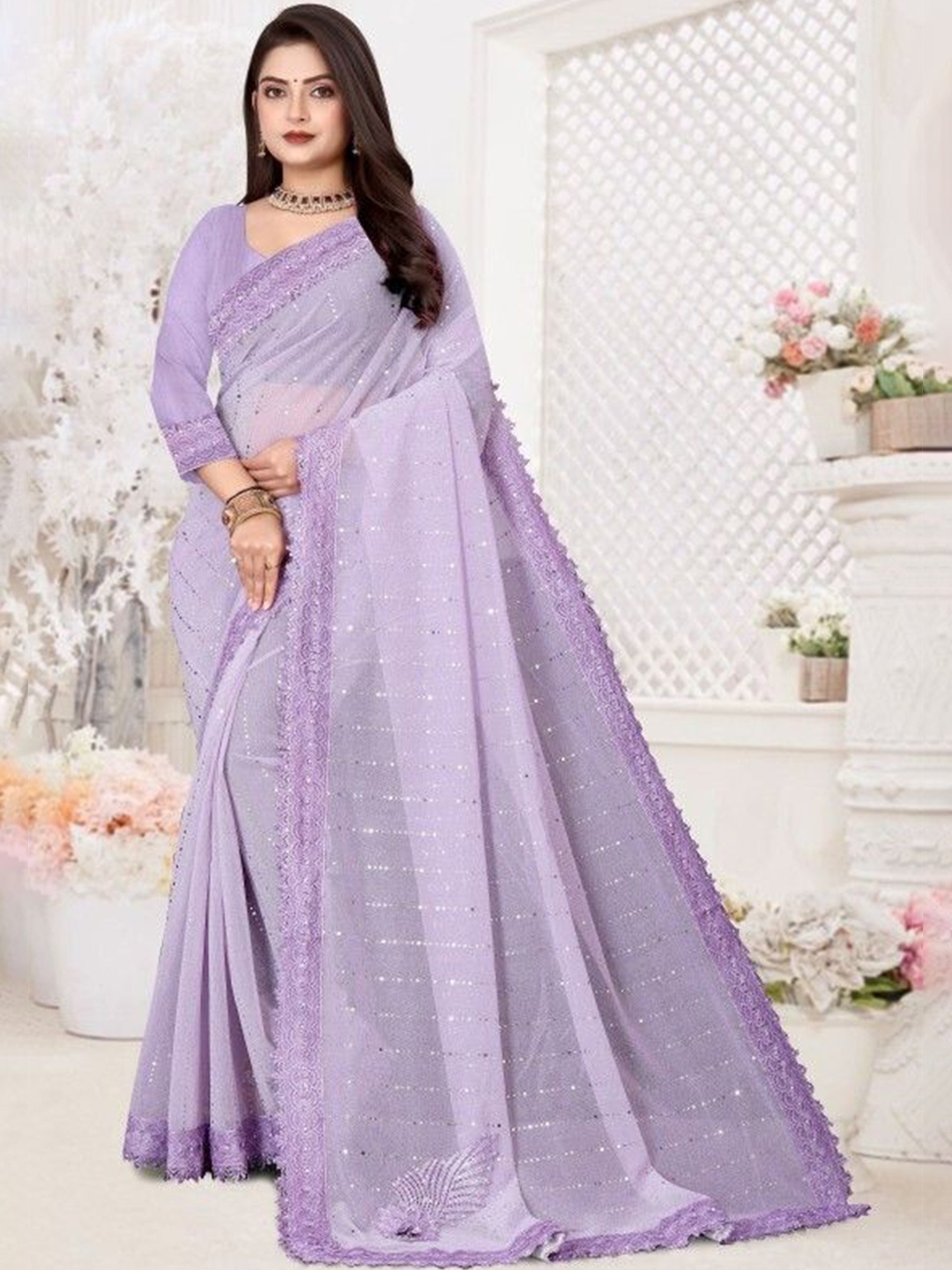 

APNISHA Embellished Beads and Stones Saree, Lavender