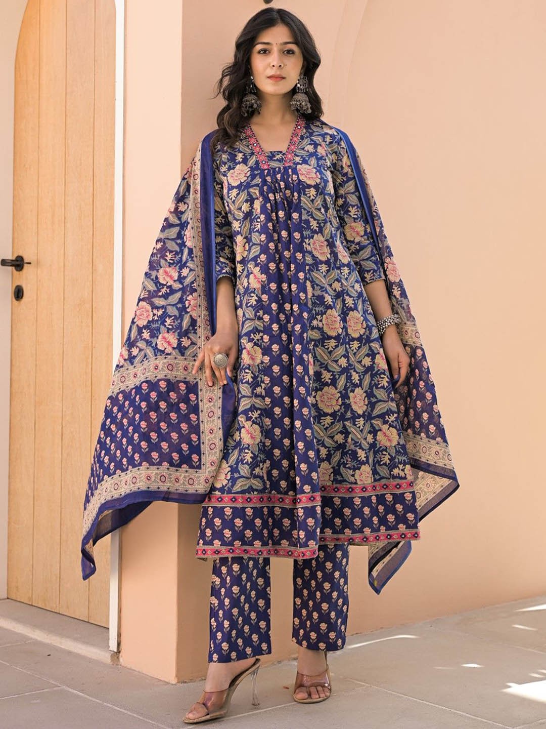 

AUTUMN LANE Floral Printed Pure Cotton Angrakha Kurta With Trouser And Dupatta, Navy blue
