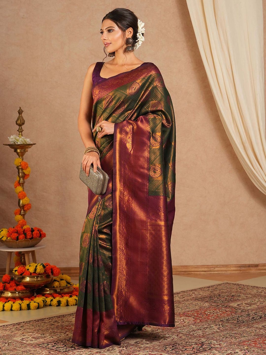 

Saree mall Ethnic Motifs Silk Blend Designer Kanjeevaram Sarees, Olive