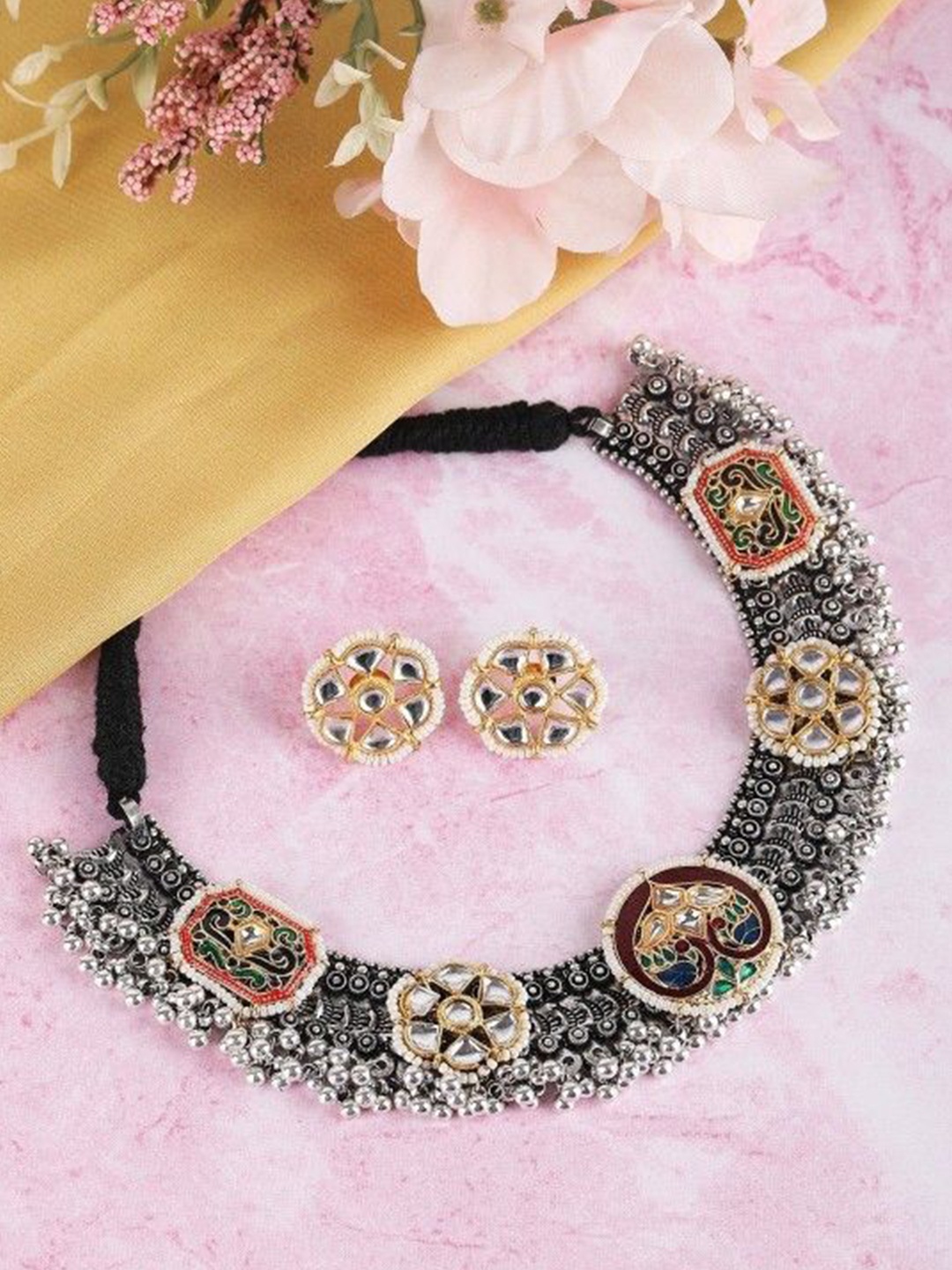 

Sangria Silver-Plated Kundan Studded Meenakari Choker Jewellery Set