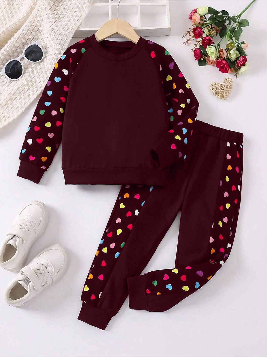 

BAESD Girls Printed Round Neck Top With Pyjamas, Maroon