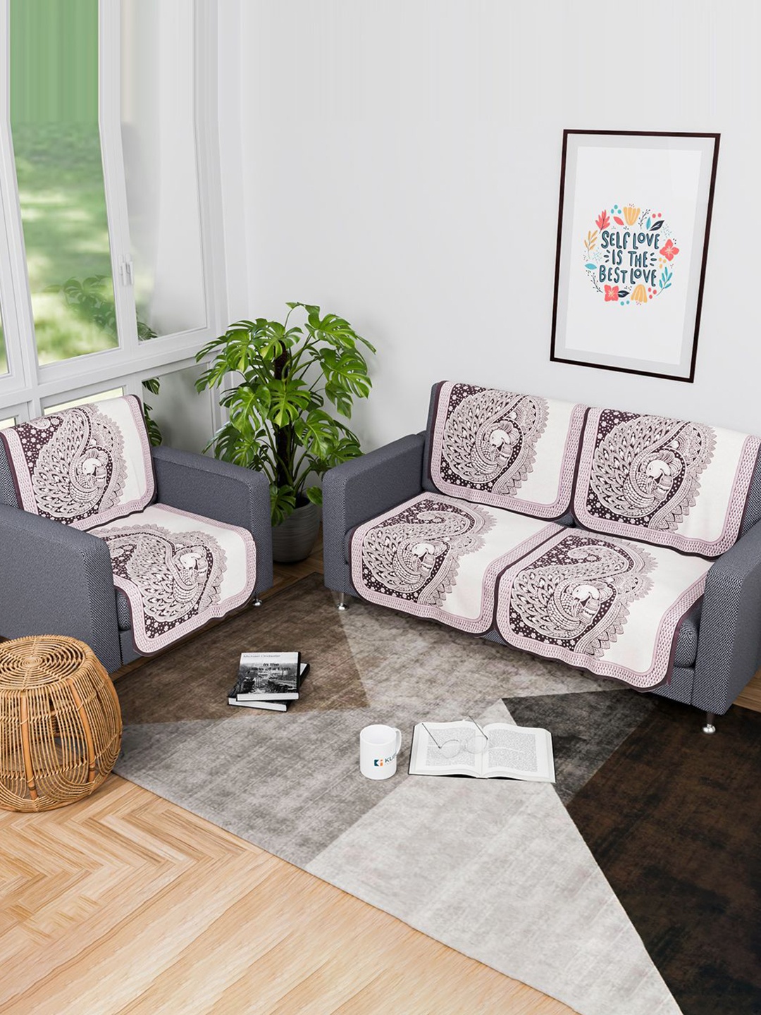 

Kuber Industries Purple & White 6 Pieces Printed Cotton 3 Seater Sofa Covers