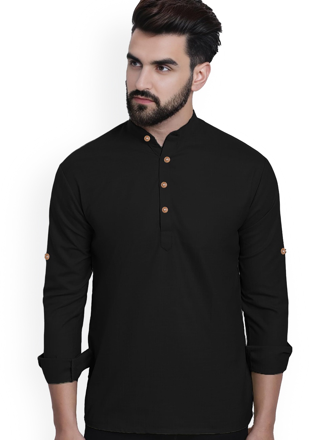 

Vida Loca Cotton Slim Fit Mandarin Collar Short Kurta, Black