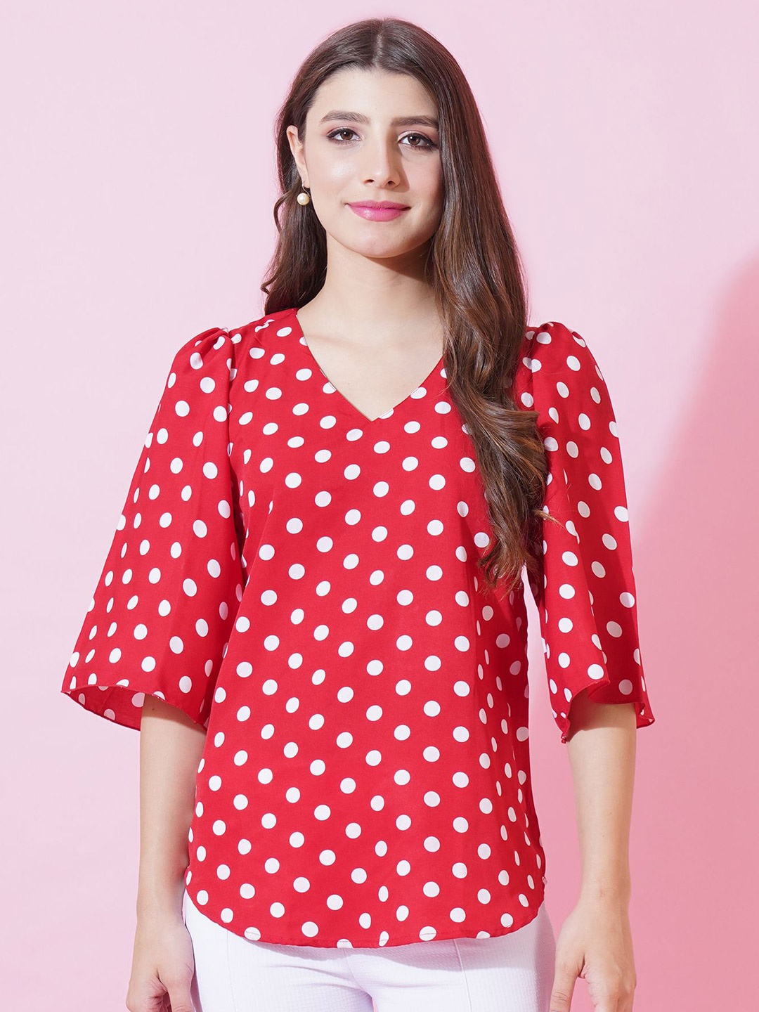 

Curvydrobe Polka Dot Print Bell Sleeve Crepe Top, Red