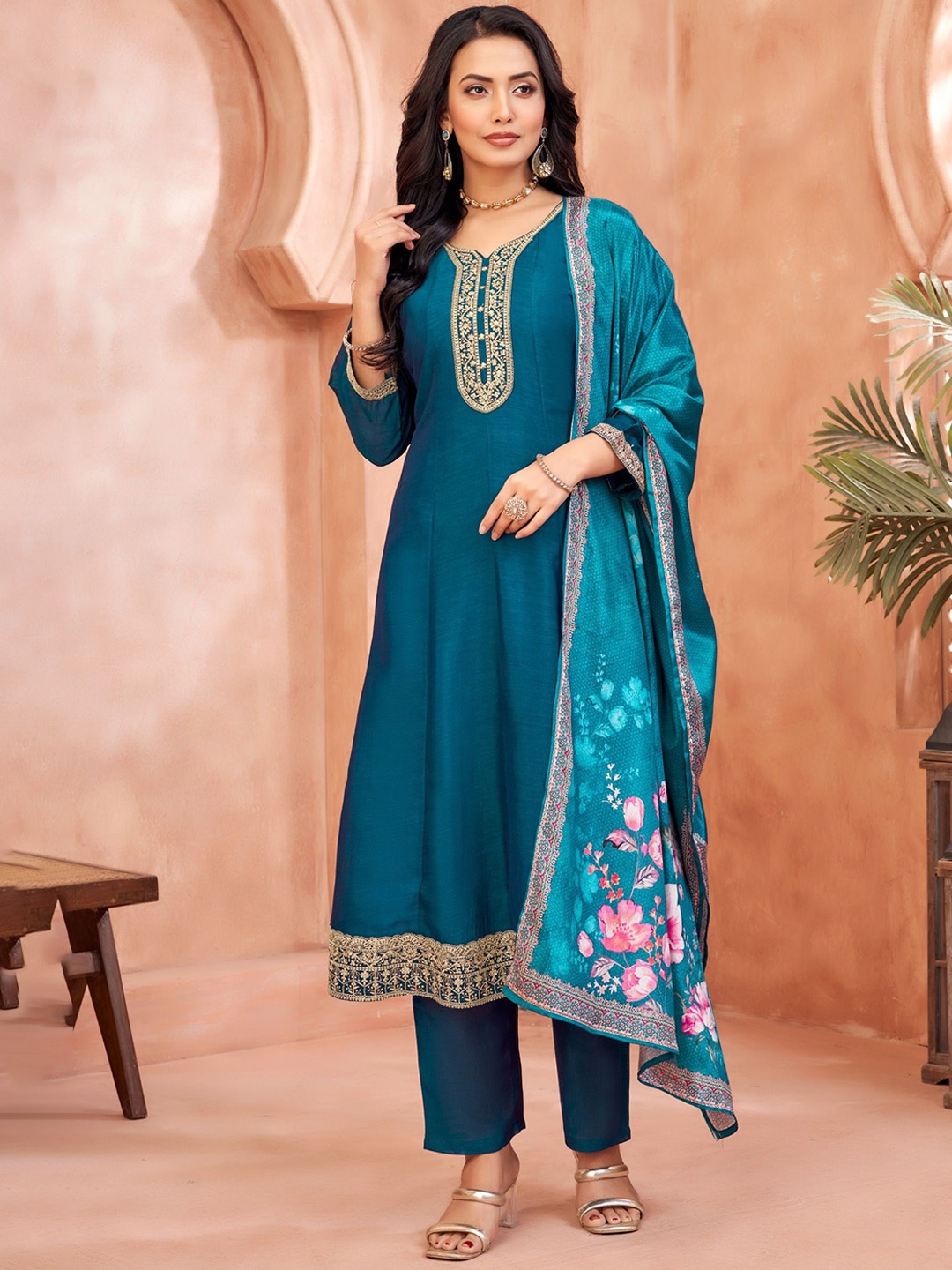 

FABZOO Floral Embroidered V-Neck Sequined Work Anarkali Kurta With Trouser And Dupatta, Teal