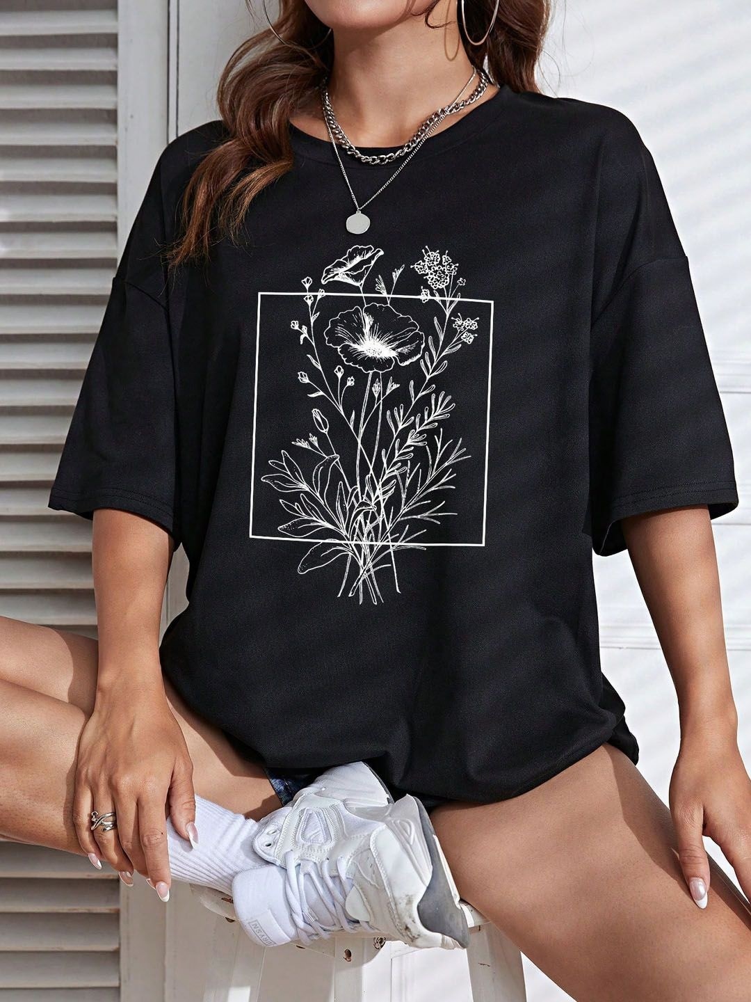 

CORSICA Women Floral Printed Round Neck Cotton Oversized T-shirt, Black