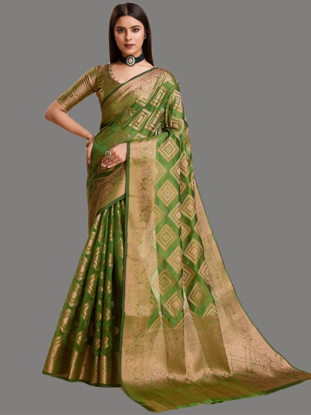 

SILKWEAR Checked Zari Organza Banarasi Saree, Olive