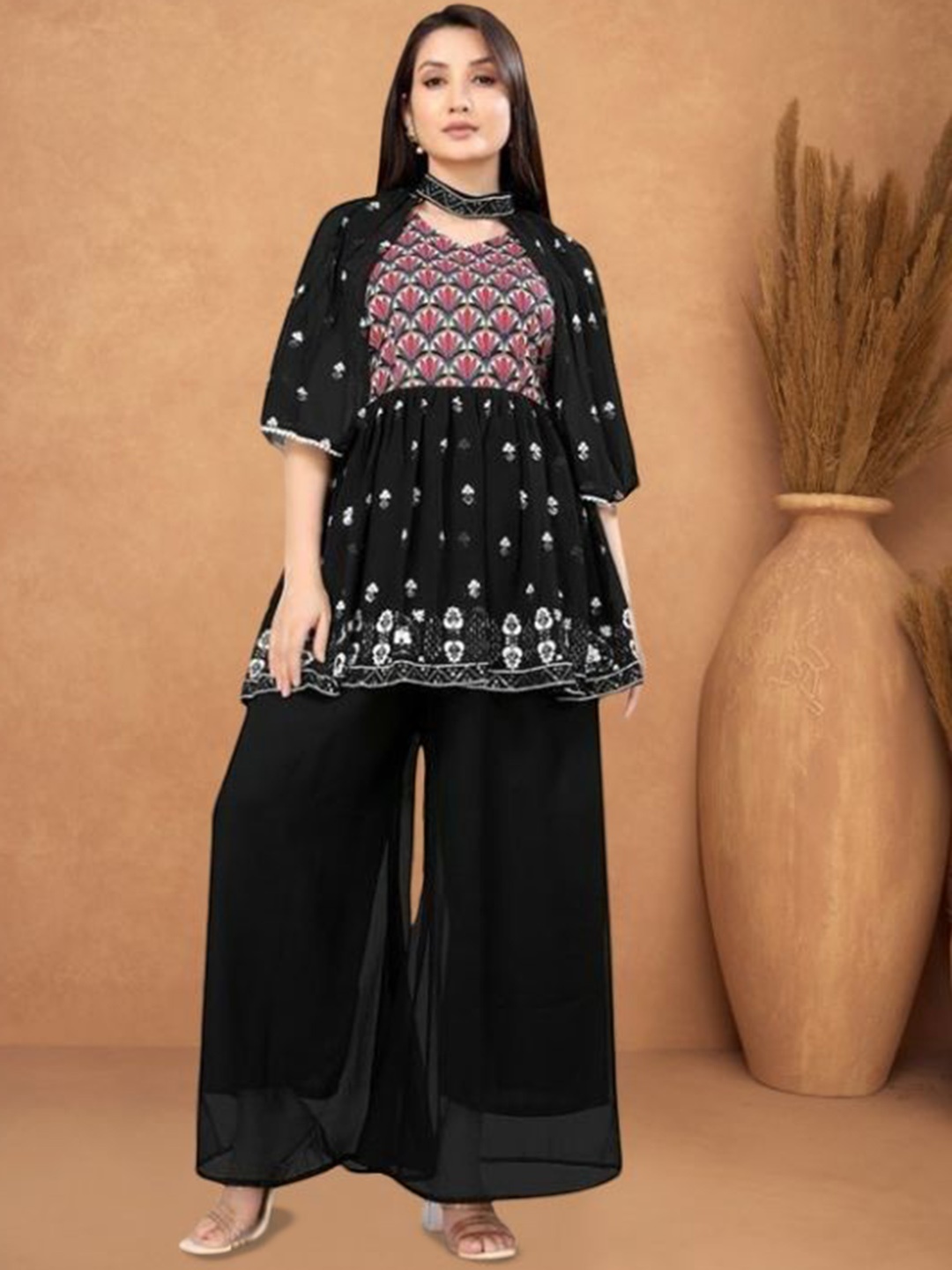 

PARROT CREATION Floral Embroidered Pleated Georgette A-Line Kurti with Palazzos & Cape, Black