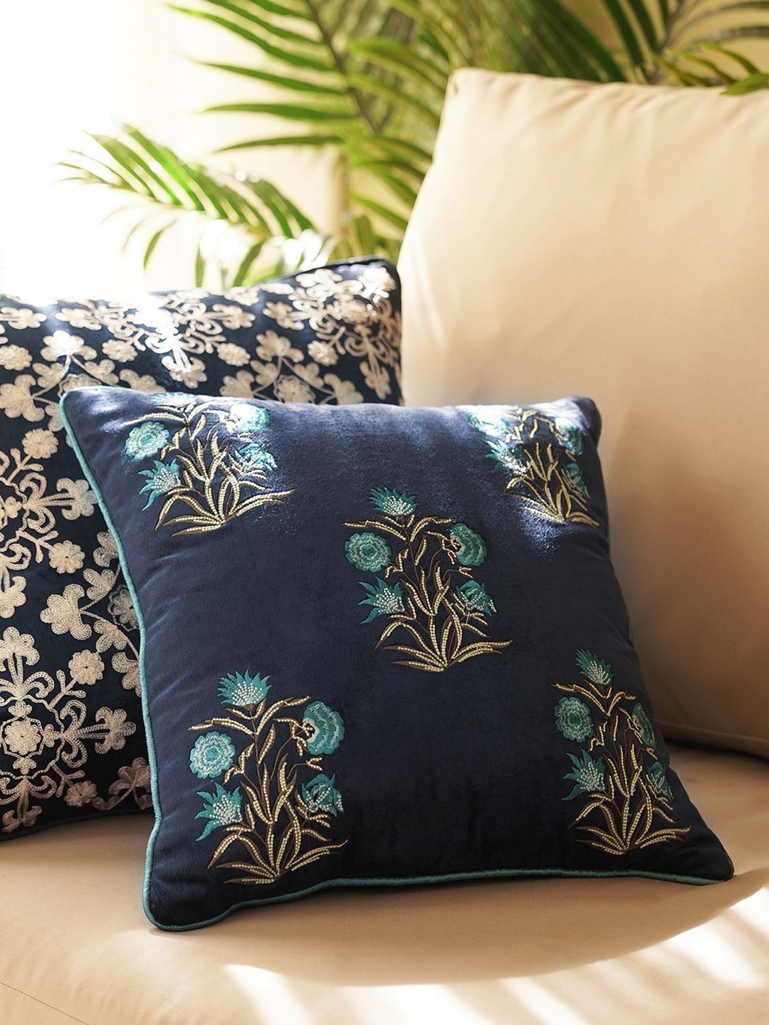 

Pure Home and Living Blue & Green Embroidered Velvet Square Cushion Cover